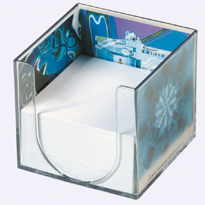 Clear memo cube with card insert and approx. 900 sheets of white 80gsm paper
