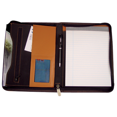 Leather zipped conference folder with A5 pad and contrasting stitching with metal plate