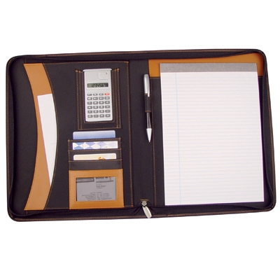 Zipped leather conference folder with A4 pad and calculator with contrasting stitching - metal plate