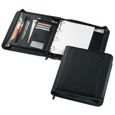 Leather zipped conference ringbinder portfolio with 4 ring mechanism and A4 pad