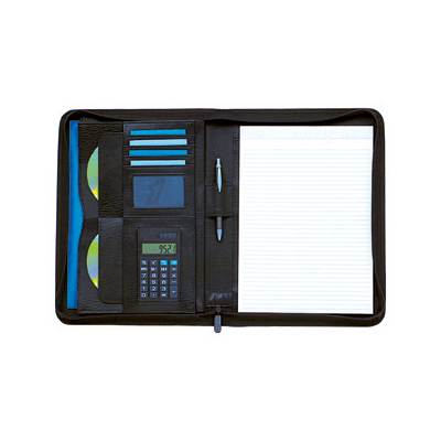 Barford zipped microfibre/pvc folder with internal pockets, pen loop, A4 pad and calculator