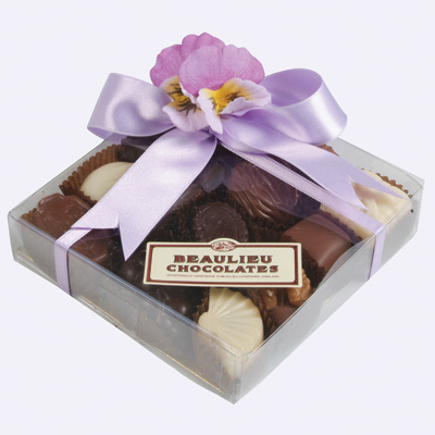 Acetate box containing 12 assorted Beaulieu chocolates