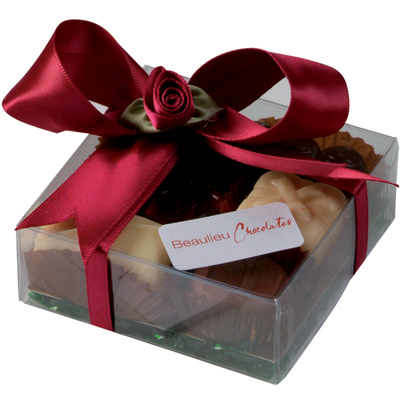 Acetate box of 6 assorted Beaulieu chocolates in presentation box