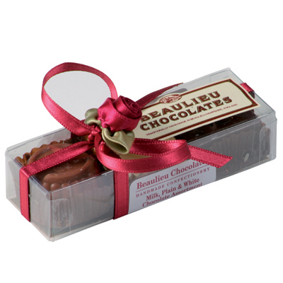 Acetate box of 3 Beaulieu chocolates in presentation box