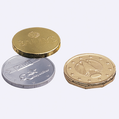 40mm chocolate coins wrapped in foil personalised with 2D impression