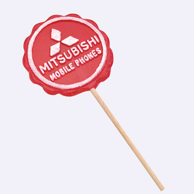 50g moulded logo lollipop up to 75mm diameter on 135mm stick
